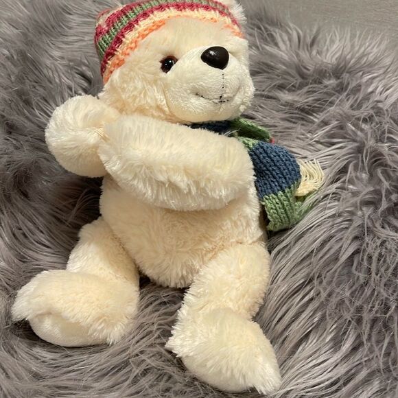 Aurora White Teddy Bear Hugging Hat Scarf Plush Stuffed Animal 14" Polar Winter - Picture 1 of 4